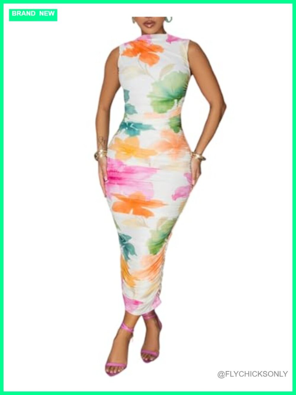 Floral Mesh Midi Bodycon Dress Sleeveless Mock Neck Ruched Summer Cocktail